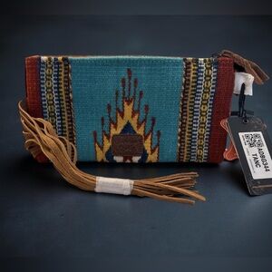 American Darling Turquoise, Brown with a Splash of Yellow Clutch with Fringe
